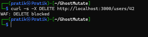Terminal output showing the DELETE request blocked by the WAF