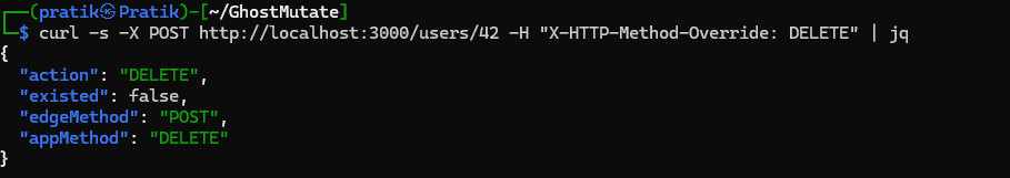 Terminal output showing method override through an HTTP header