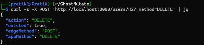Terminal output showing method override through the query parameter