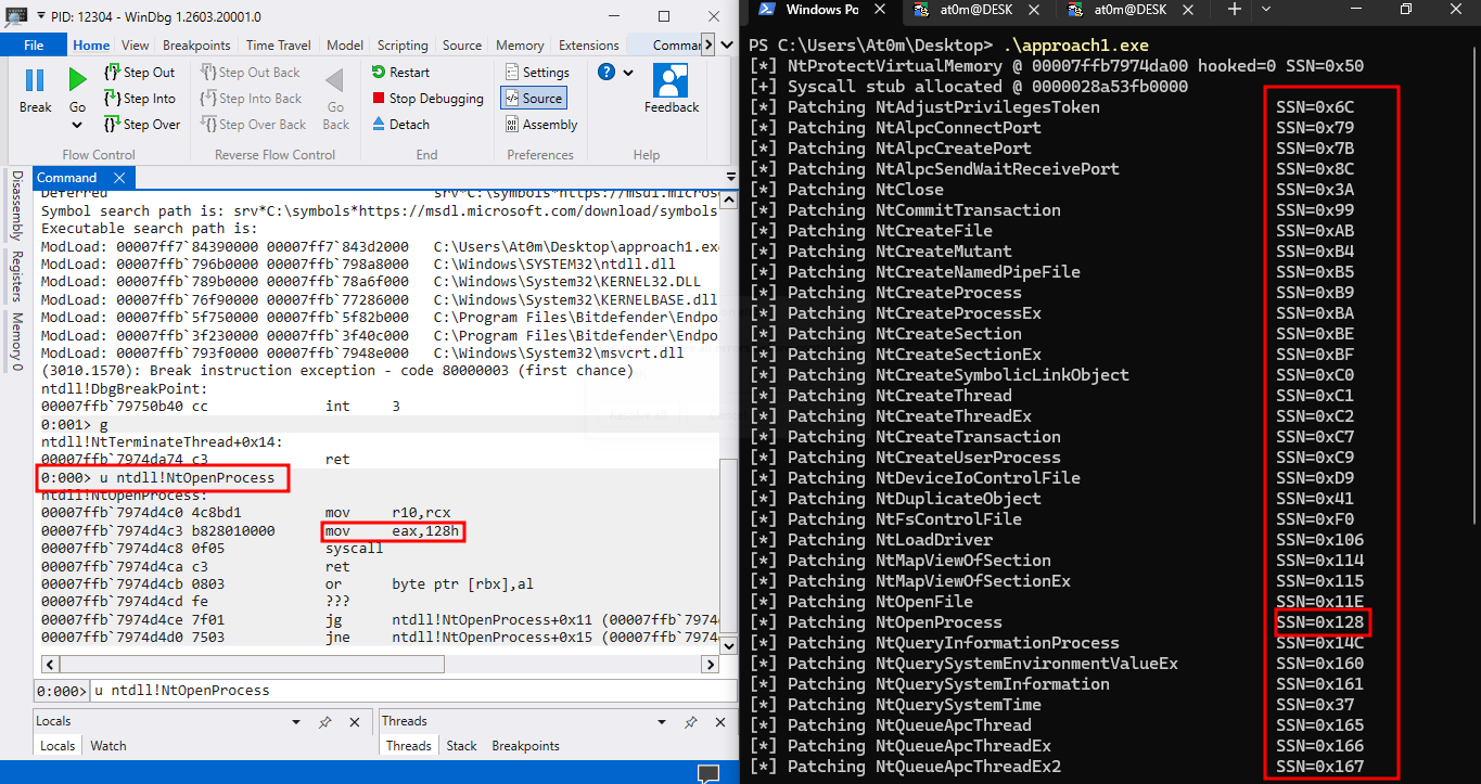 Output from the individual syscall stub patching approach