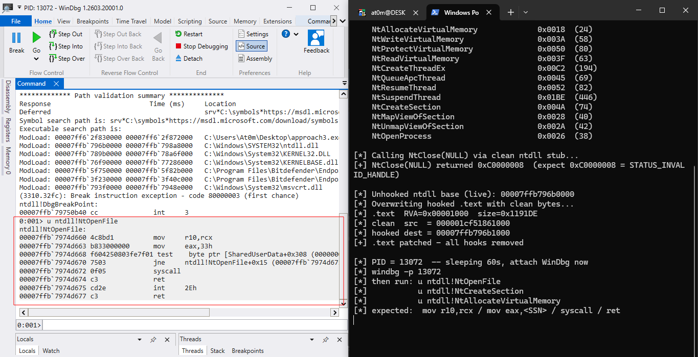 Output from the fresh ntdll mapping approach