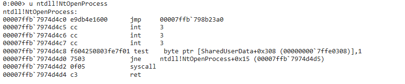 WinDbg showing a jump hook in an ntdll syscall stub
