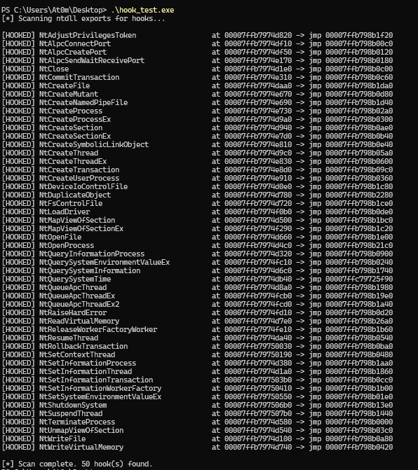 Hook scanner output listing hooked ntdll functions