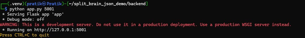 Terminal showing the backend service running