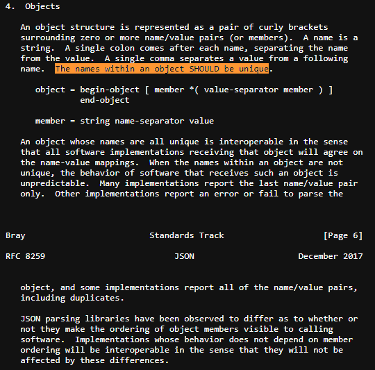 RFC 8259 section describing unique object names